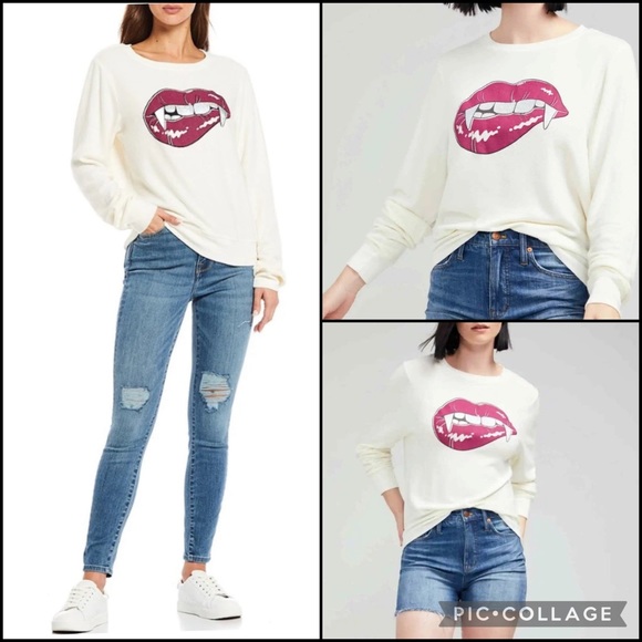 NEW Wildfox Vampire Fangs Holographic Glitter Teeth Lips Graphic Sweatshirt - Picture 2 of 10